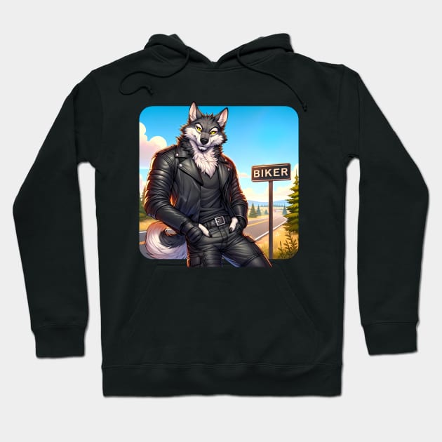 Leather Biker Wolf Anthro Furry Art Hoodie by Blue Bull Bazaar